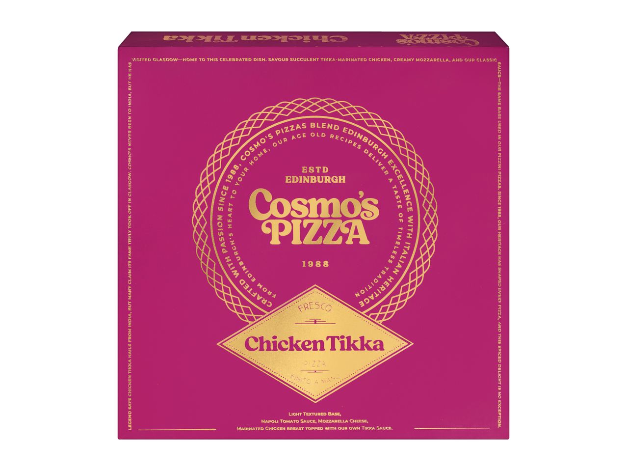 Pink pizza box with gold text for Chicken Tikka pizza, highlighting its Edinburgh origin and Italian heritage.
