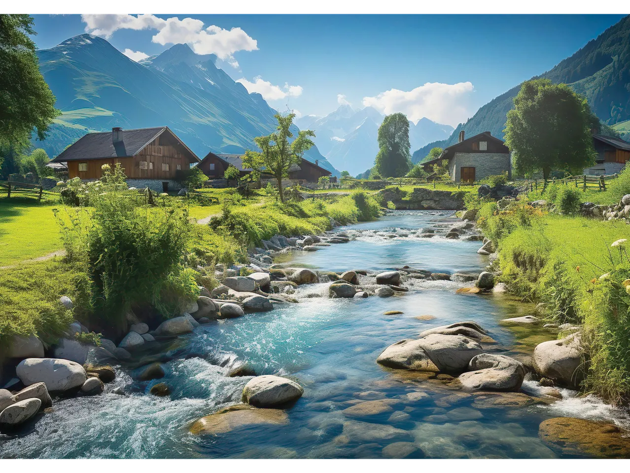 Lupilu® puzle: idillisks kalnu ciemats ar upi un mājām.