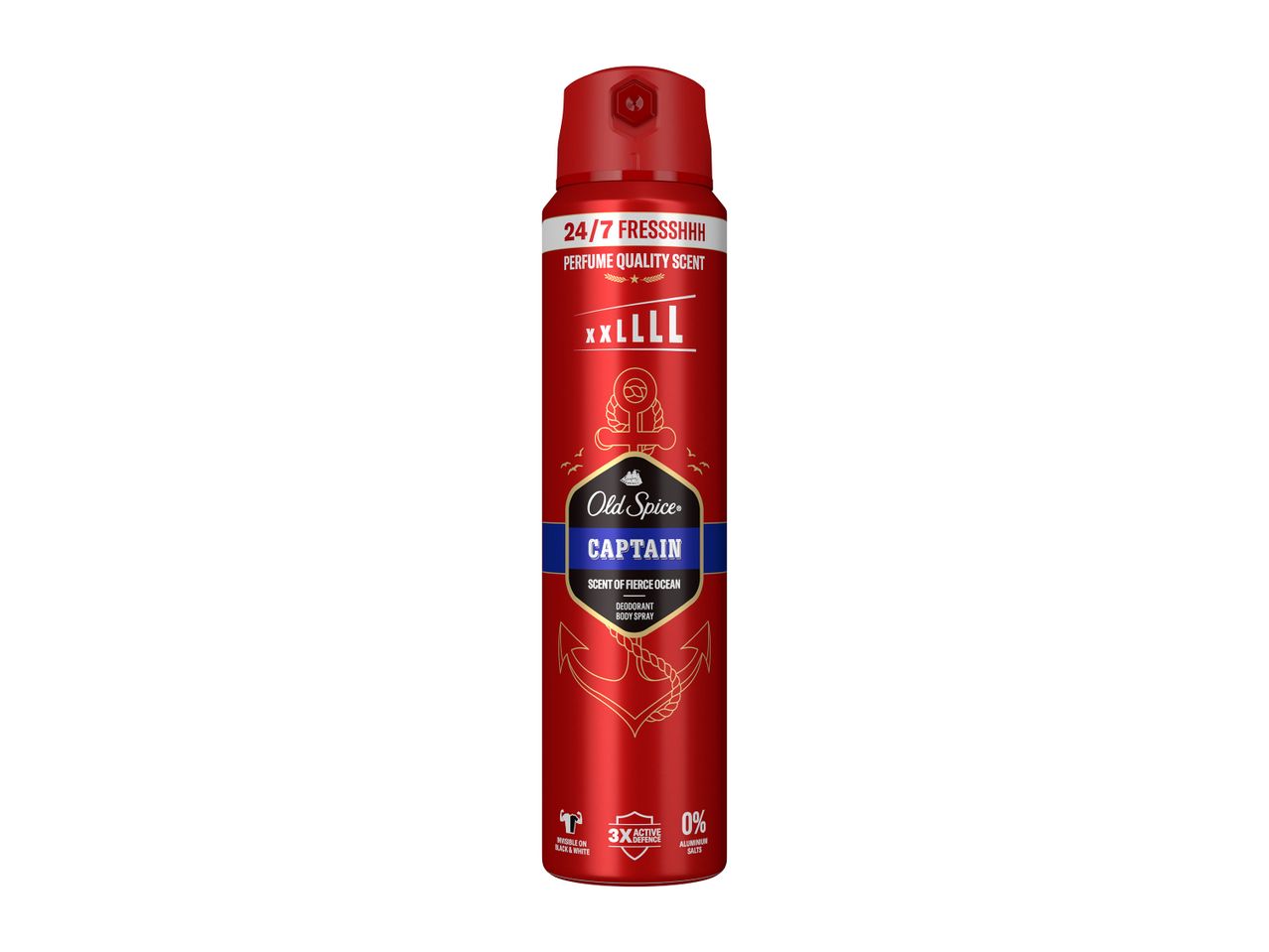 Deodorant spray Old Spice Captain, roșu, cu text alb și albastru.