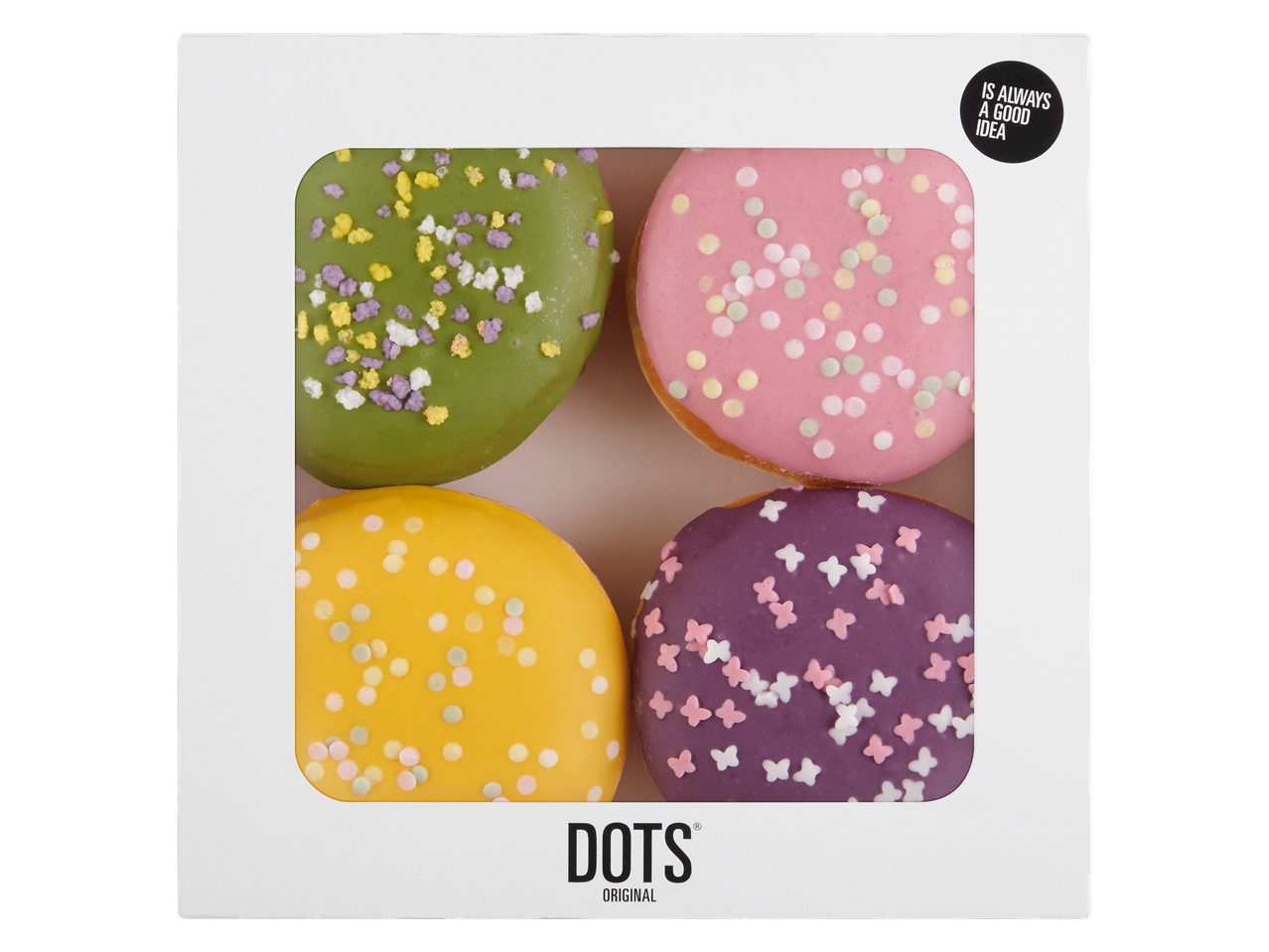 Doos met vier Dots Original donuts met pastel glazuur en sprinkles.