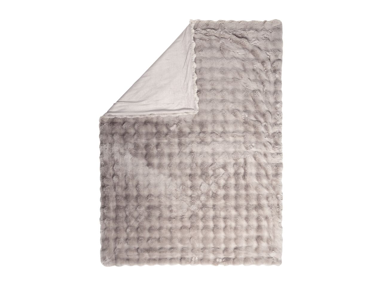 Soft grey faux fur blanket with a folded corner showing a smooth reverse side