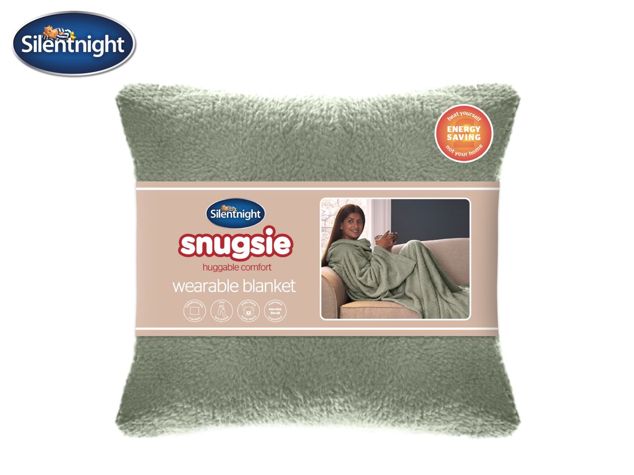 Green wearable blanket with a woman wearing it on a sofa, promoting energy saving.