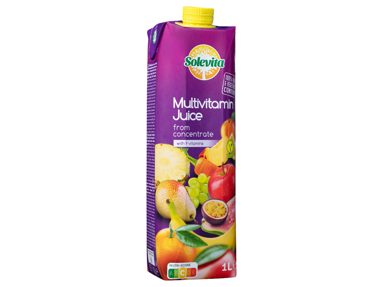 Lila színű multivitamin gyümölcslé doboz, rajta gyümölcsökkel és „100% gyümölcs- és zöldségtartalom” felirattal.