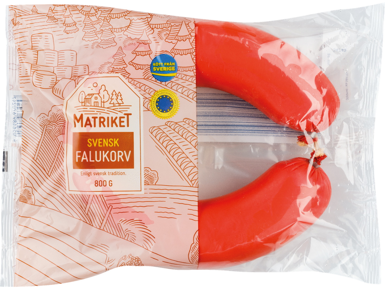 Matriket Svensk Falukorv, 800g, i förpackning med svensk köttmärkning.
