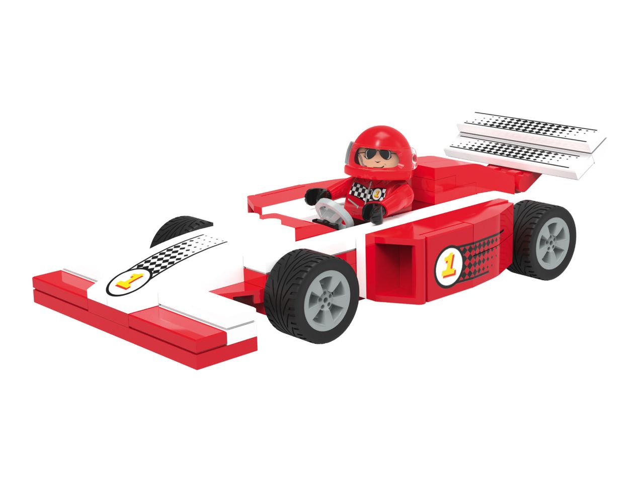Red and white toy race car with a driver wearing a red helmet and sunglasses.