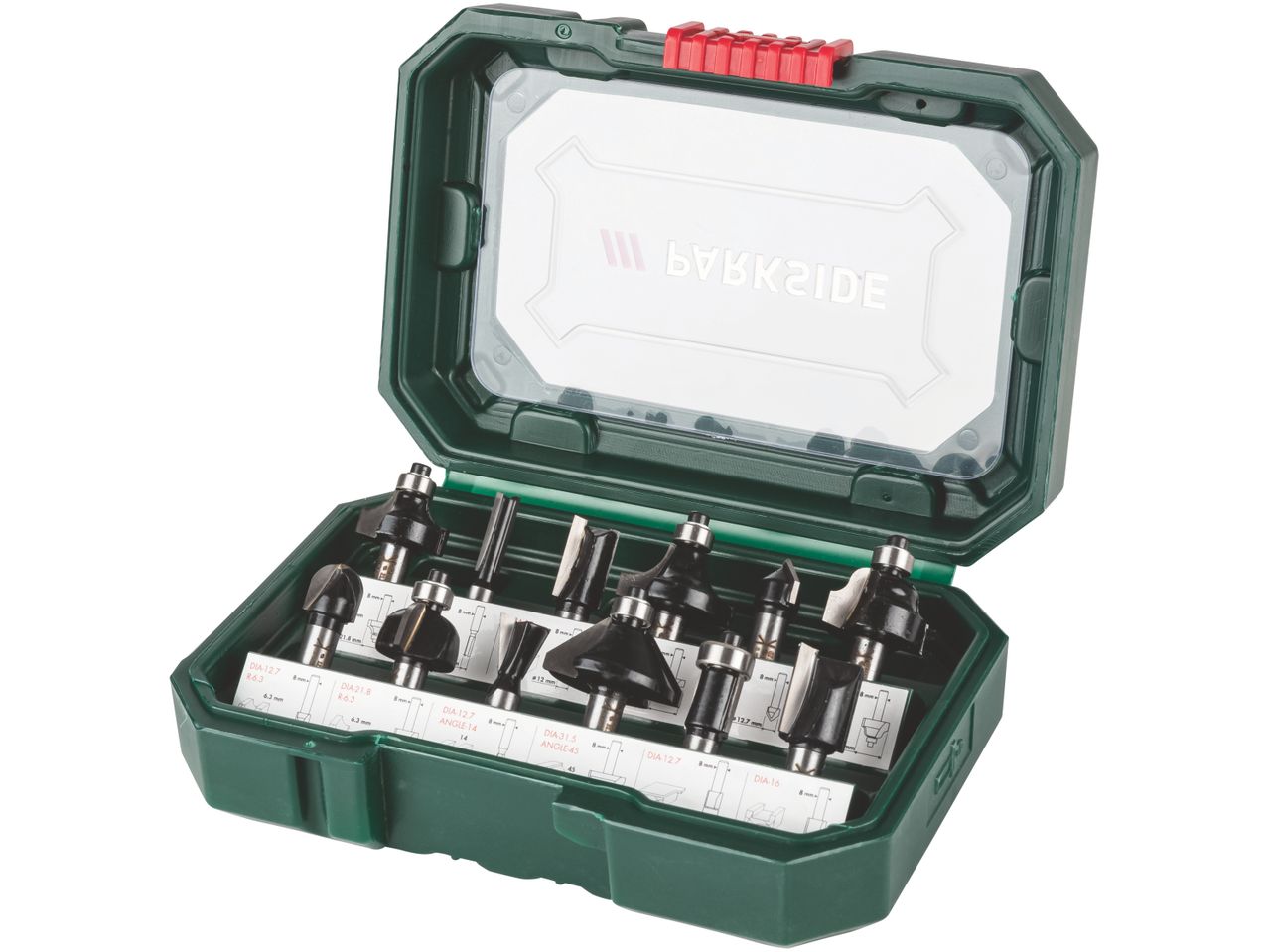 A green case filled with various router bits, including different shapes and sizes, with specifications visible.