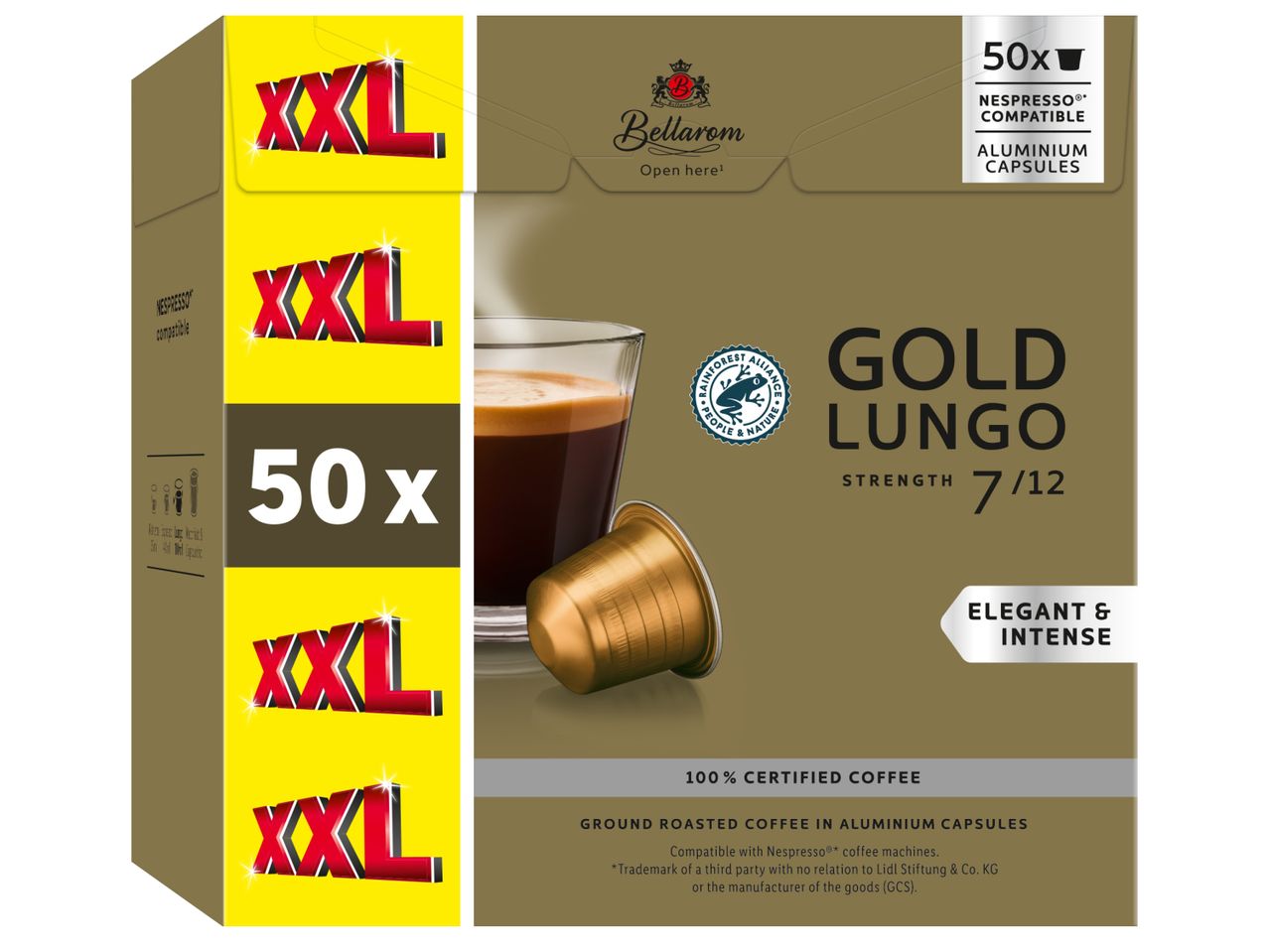 Кутия с 50 алуминиеви капсули кафе, съвместими с Nespresso, с надпис „Gold Lungo, сила 7/12, елегантен и интензивен“.