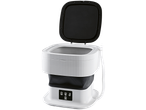 Mini máquina de lavar CLEANMAXX com tampa aberta e painel de controlo com opções de lavagem e centrifugação.
