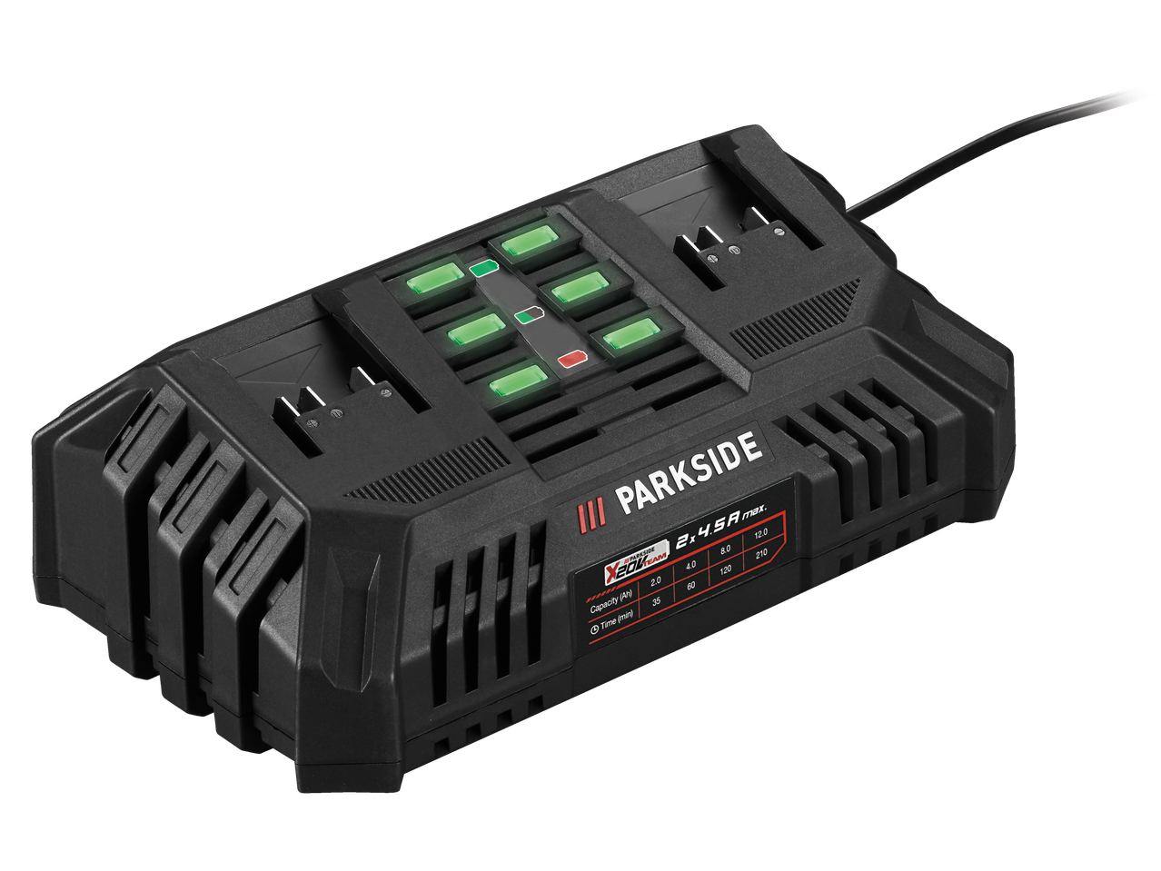Parkside X 20V Team lādētājs ar divām ligzdām un jaudas displeju.