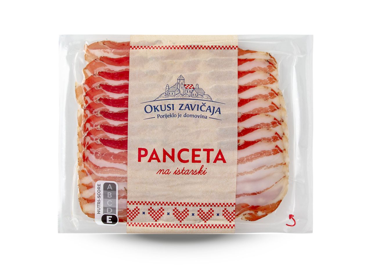 Pakiranje narezane istarske pancete marke Okusi Zavičaja s Nutri-Score E oznakom.