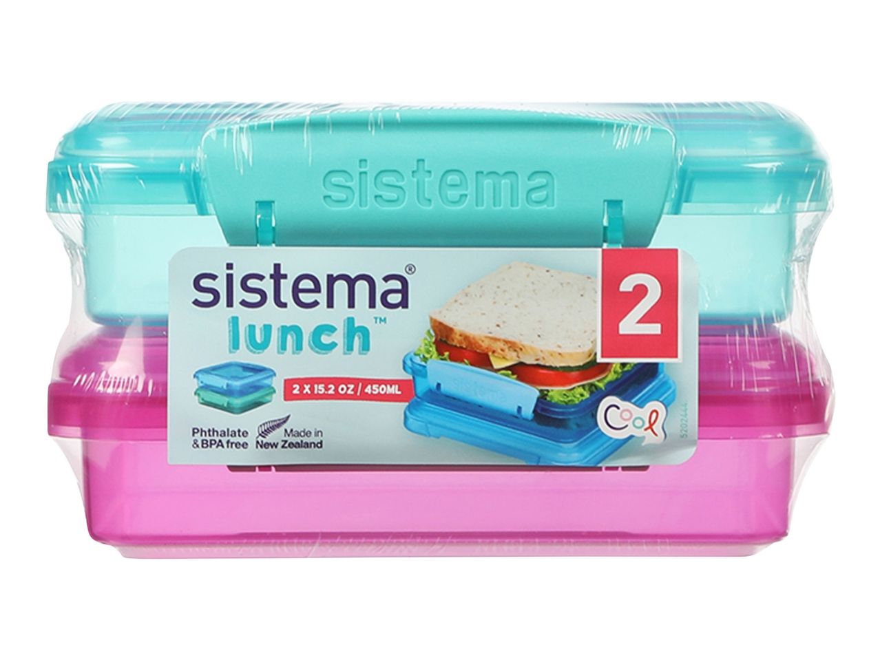 Two Sistema Lunch boxes in pink and teal.