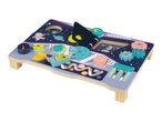 Space-themed wooden activity board with astronaut, planets, and interactive elements.