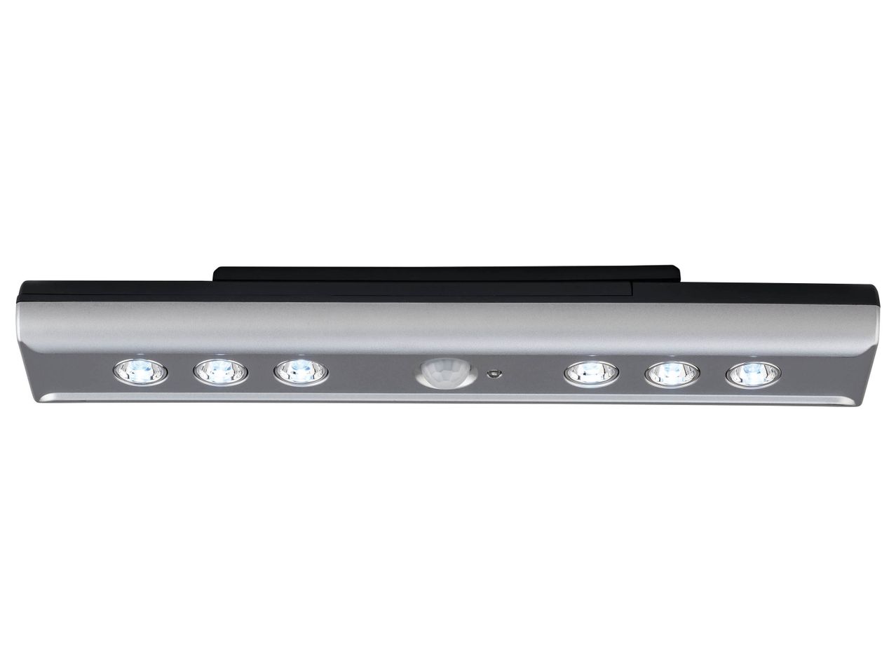 Silver and black LED light bar with a central motion sensor and six light sources.