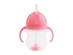 Pink baby sippy cup with handles and a straw