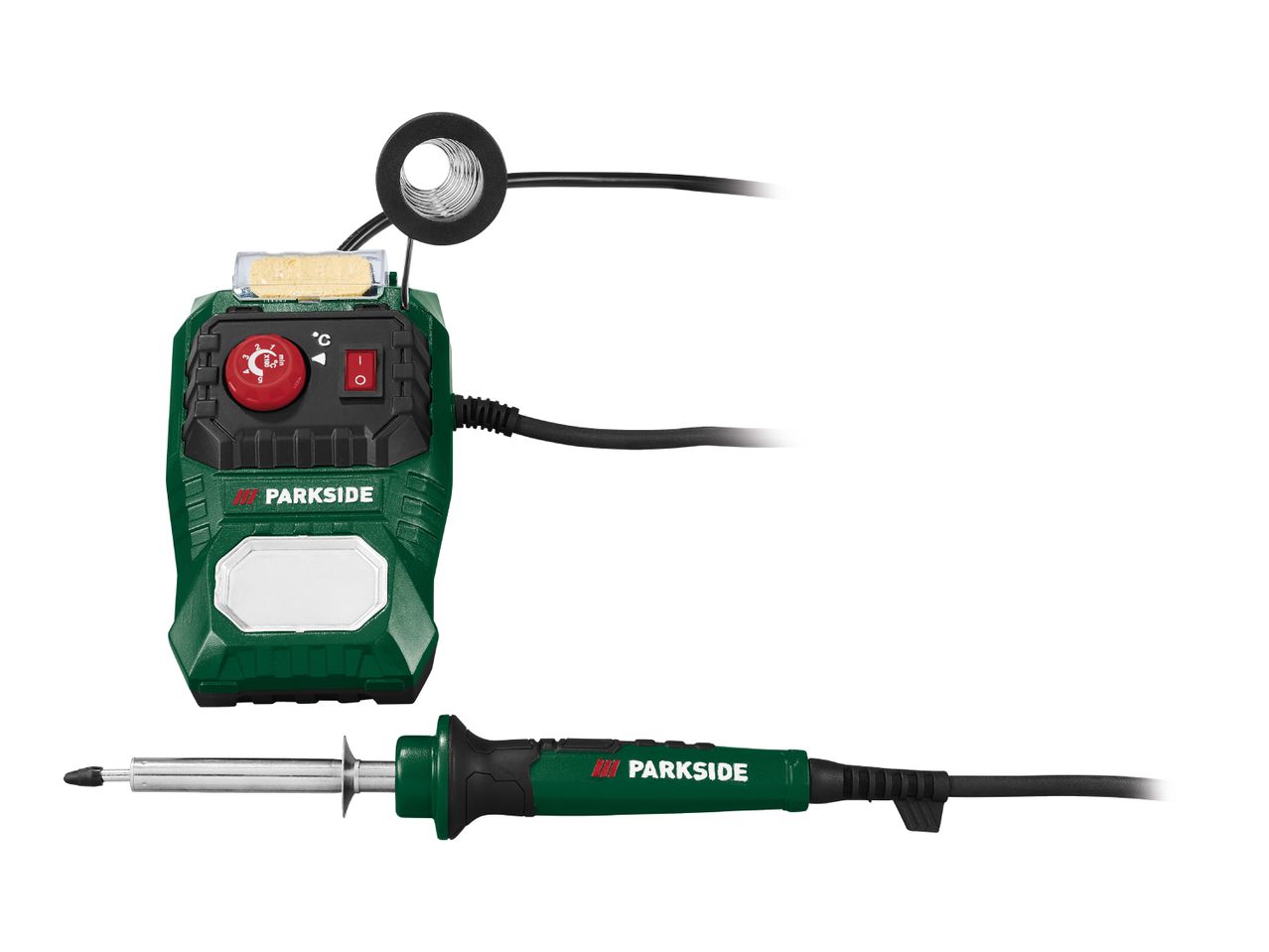 Soldering station with temperature control unit, sponge, and soldering iron.