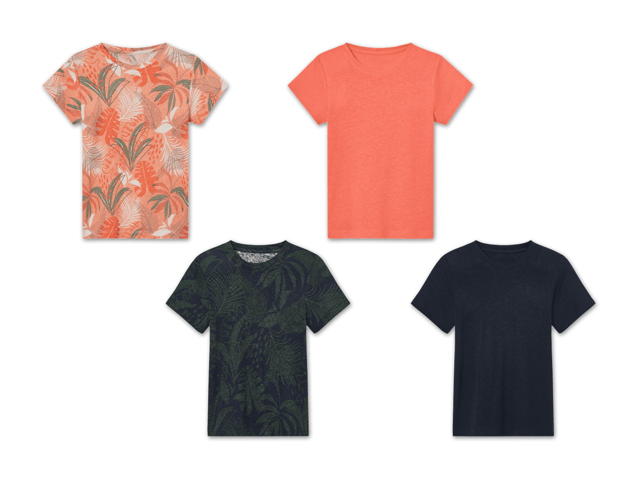 Vier T-Shirts, zwei mit tropischem Muster und zwei einfarbig.
