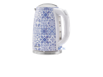 SilverCrest kettle with blue and white pattern.