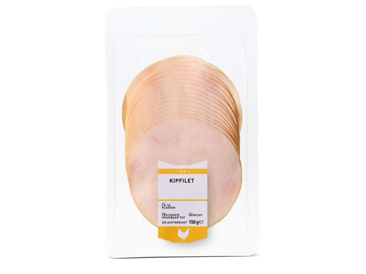 Verpakte kipfiletplakjes, naturel of gerookt, met een geel etiket en kippenicoon.