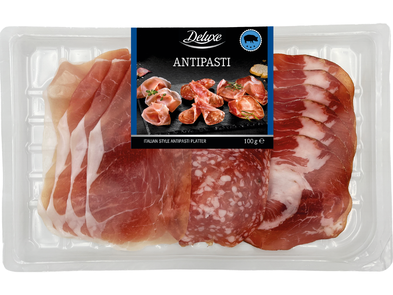 Skivad antipasti i plastförpackning.