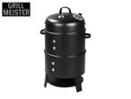 Black outdoor smoker and grill with a thermometer and adjustable air vent.