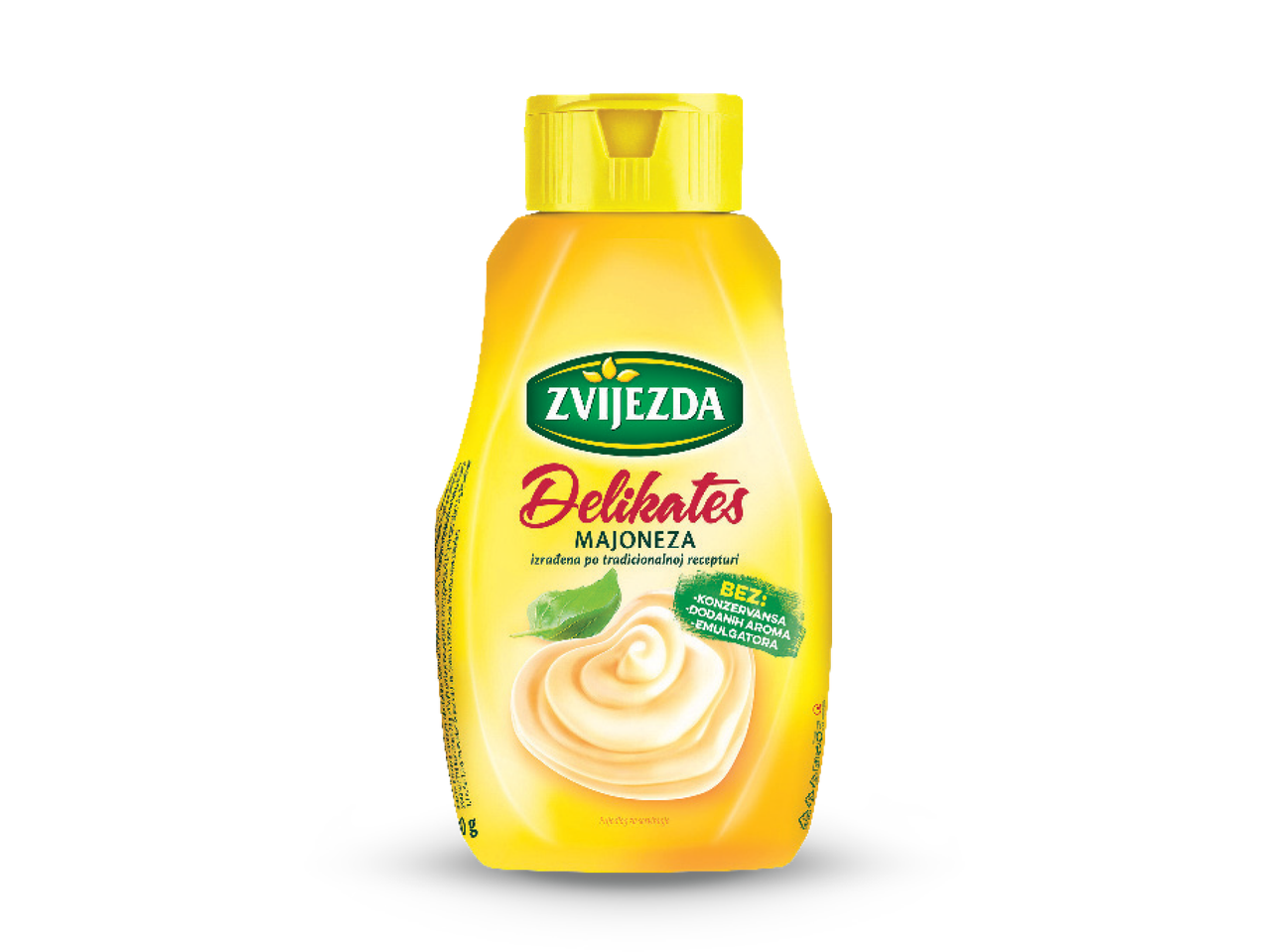 Žuta boca majoneze s natpisom 'Delikates majoneza' i slikom majoneze.