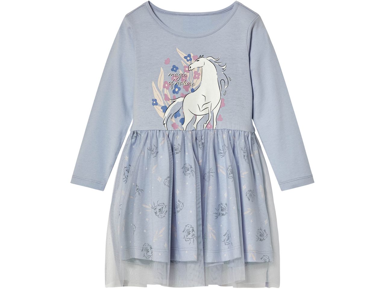 Vestito da bambina azzurro con stampa di cavallo bianco e la scritta 'magic of nature'.