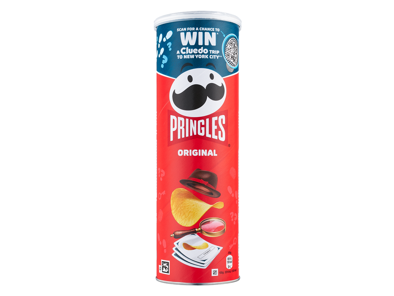 Pringles Original traškučių skardinė su Cluedo tema, siūlanti galimybę laimėti kelionę į Niujorką.