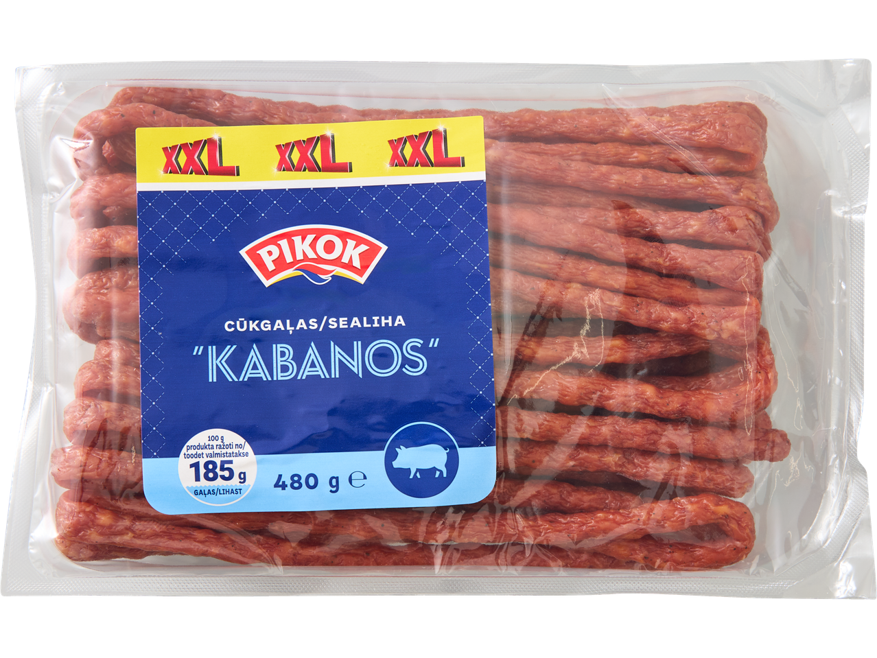 Pikok XXL Kabanos: pikad, õhukesed, maitsestatud vorstid pakendis.