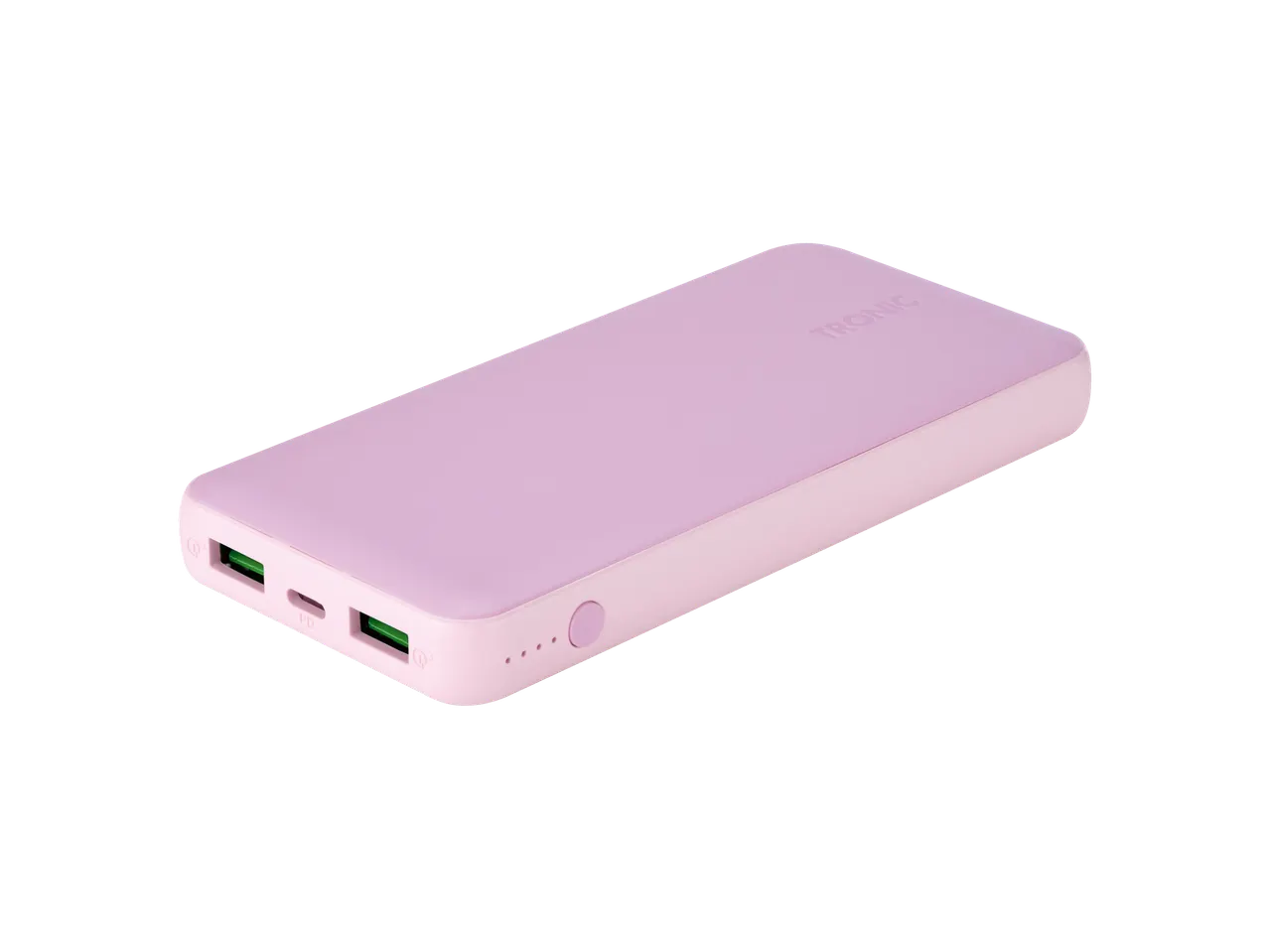 A pink TRONIC power bank sits at a slight angle, showcasing its ports and power button.