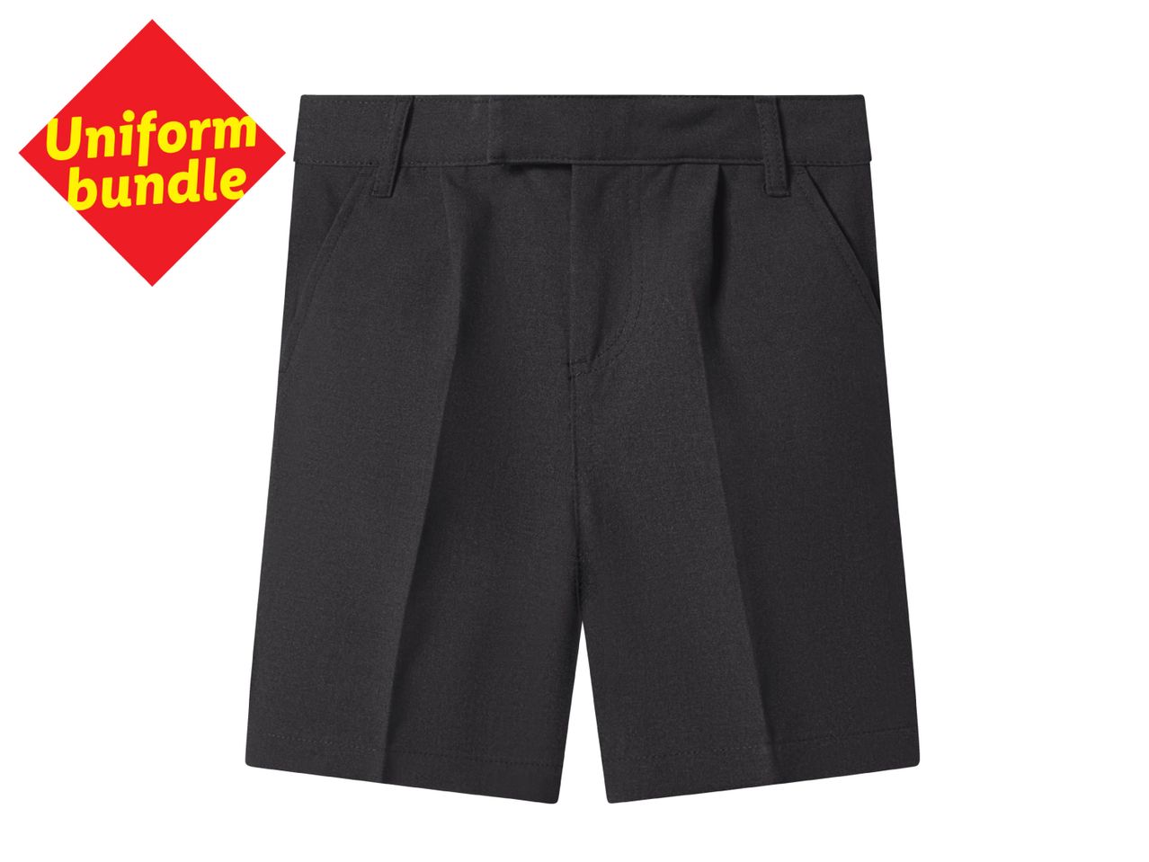 Dark grey school shorts with a red 'Uniform bundle' label