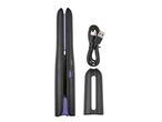 A black and purple cordless hair straightener with its charging cable and protective cap.
