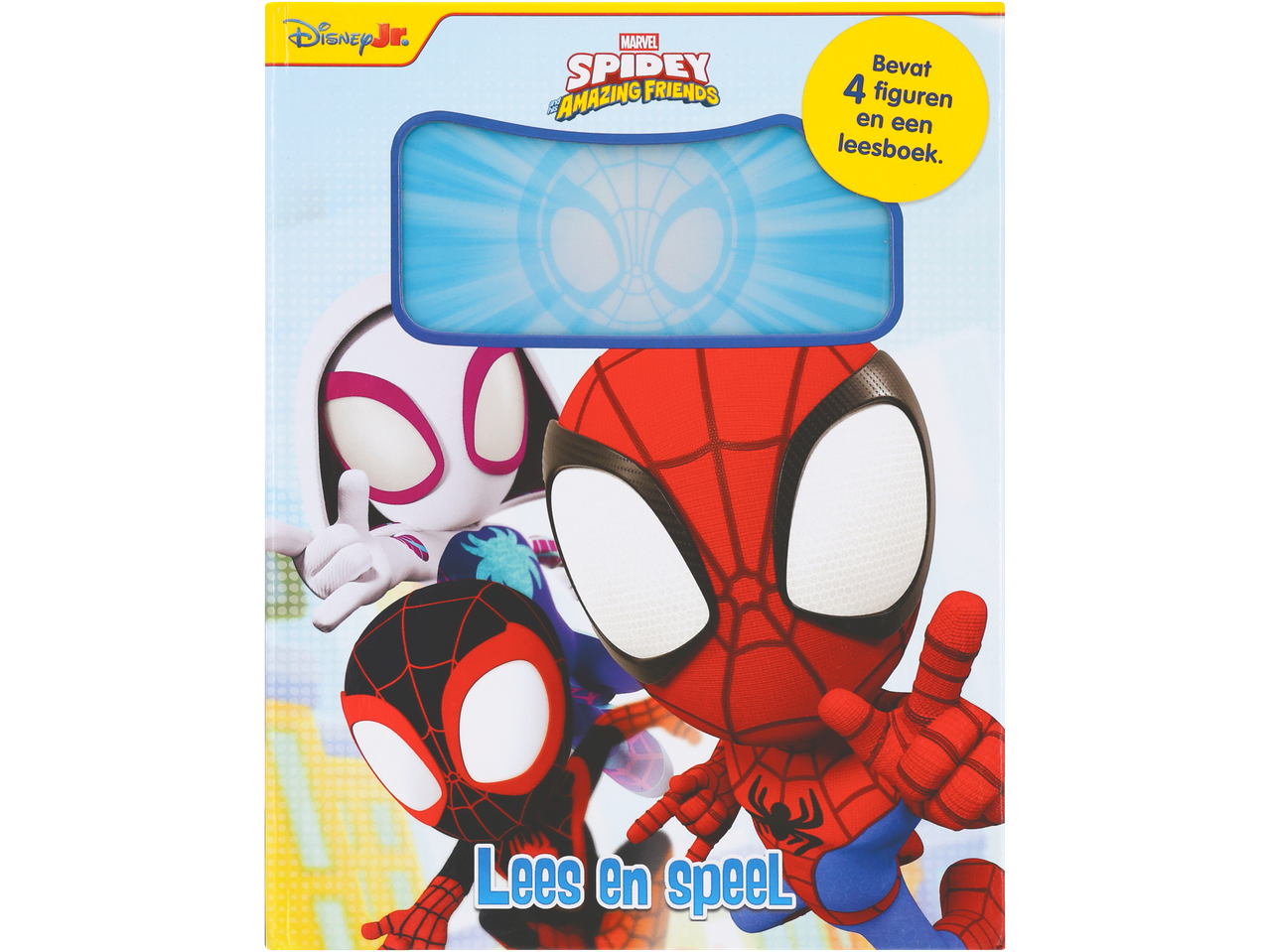 Spidey en Zijn Geweldige Vrienden boek met 4 figuren, met Spider-Man, Ghost-Spider en Miles Morales.