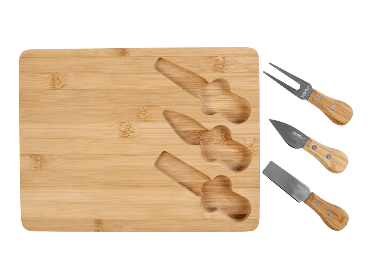 Bamboo cheese board with built-in knife slots and three cheese knives.