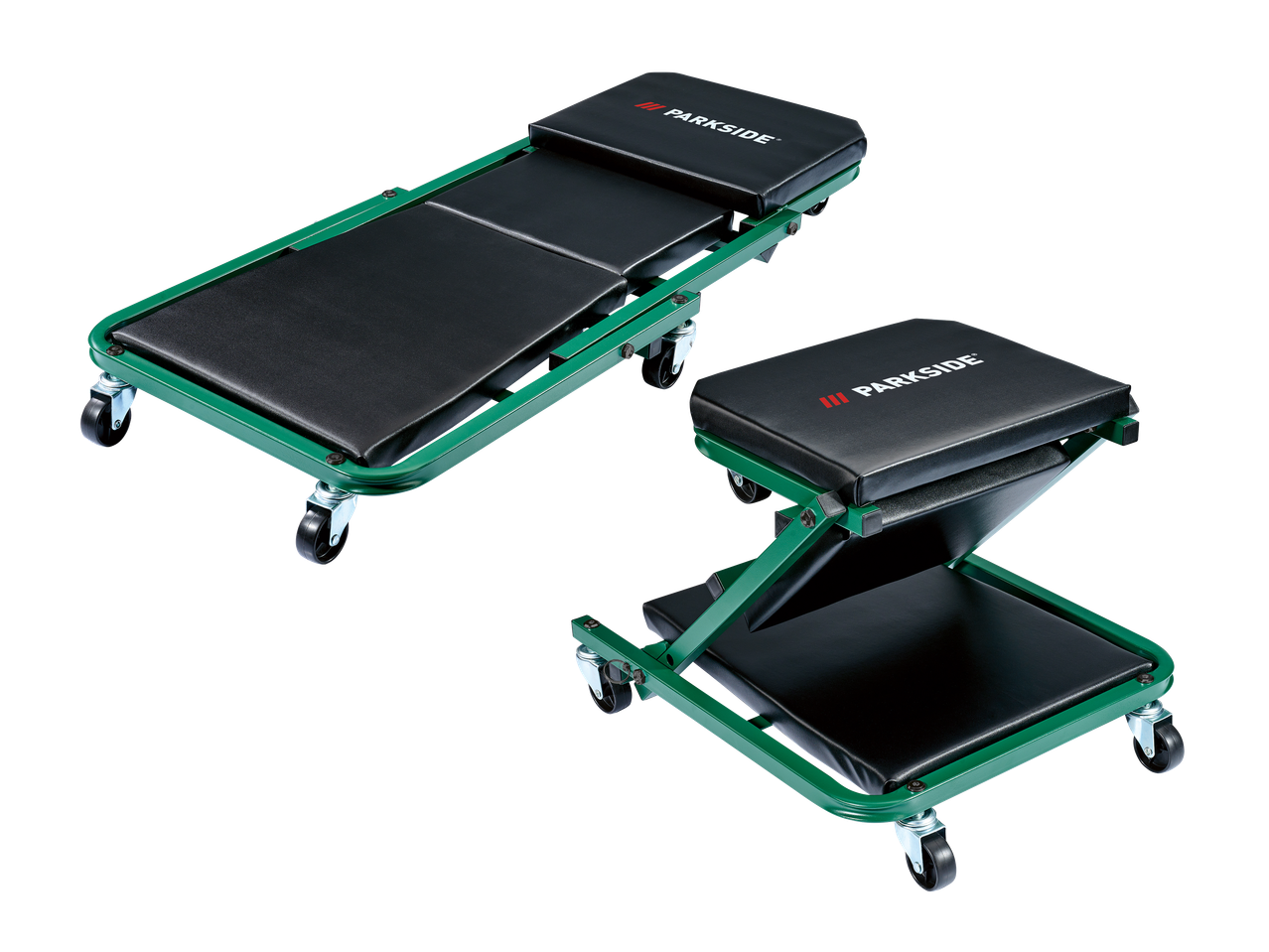 Zelena delovna ležalna podloga in stolček na kolesih, oba z oblazinjenimi črnimi sedeži.