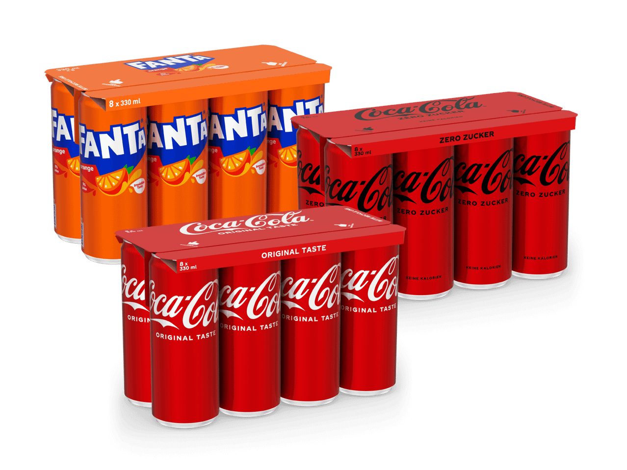 Coca-Cola und Fanta Dosen in Mehrfachpackungen.