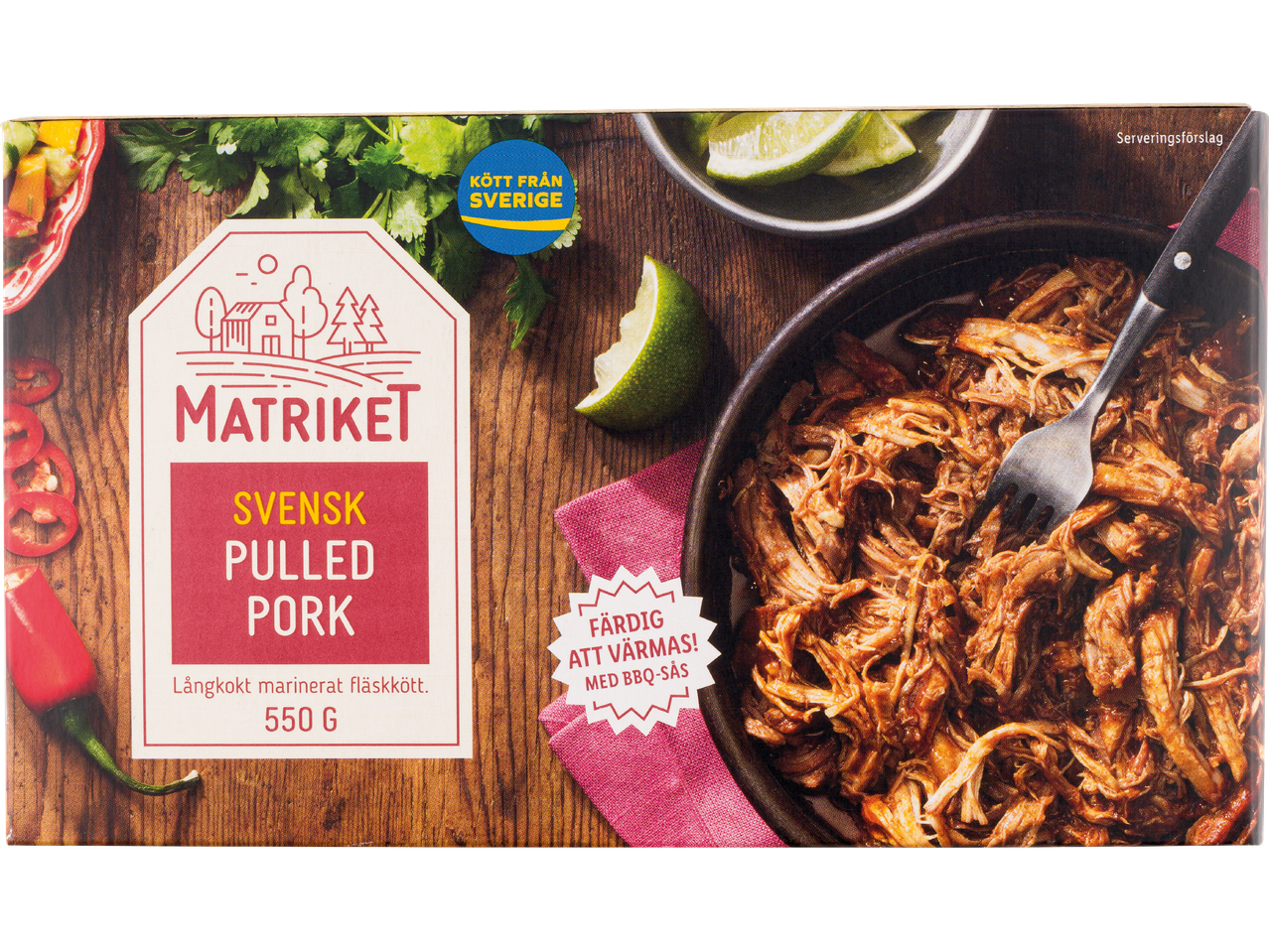 Förpackning med Matrikets Svenska Pulled Pork.