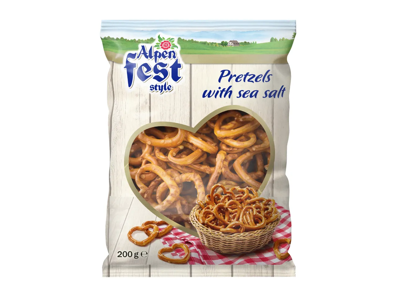 A 200g bag of pretzels with sea salt, featuring a heart-shaped window.