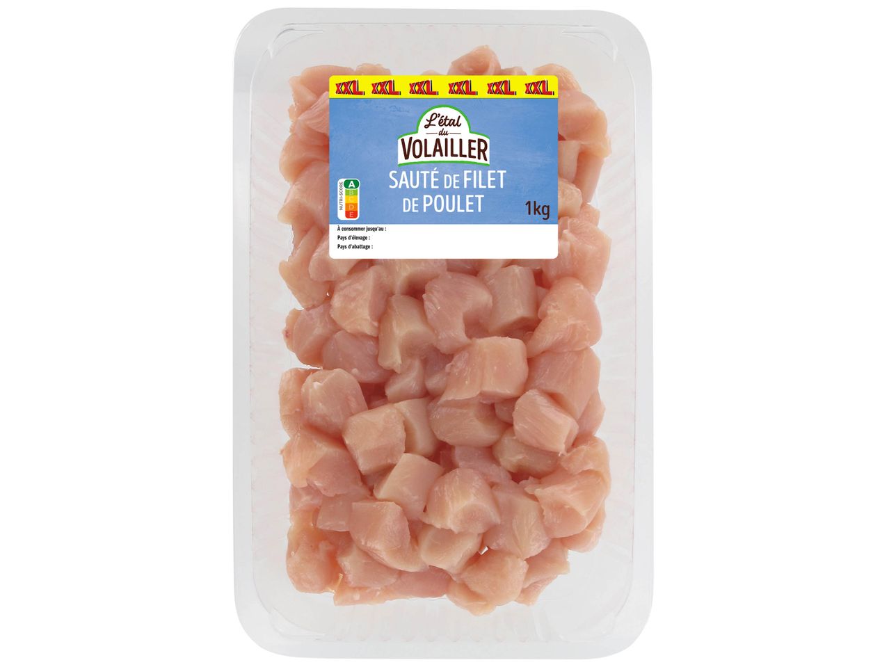 Viande de poulet en cubes, prête à cuire, marque Maître Coq.