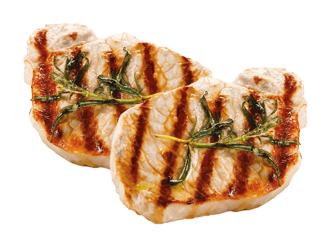 Zwei gegrillte Schweinekoteletts mit Rosmarin auf schwarzem Hintergrund.