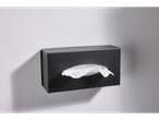 Accesorii de baie Livarno Home: Cutie neagră de șervețele montată pe perete, cu șervețele albe.