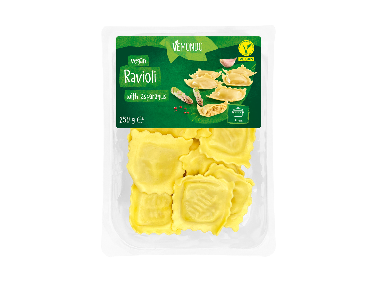 Veganistische ravioli met asperges in een verpakking van 250 g.
