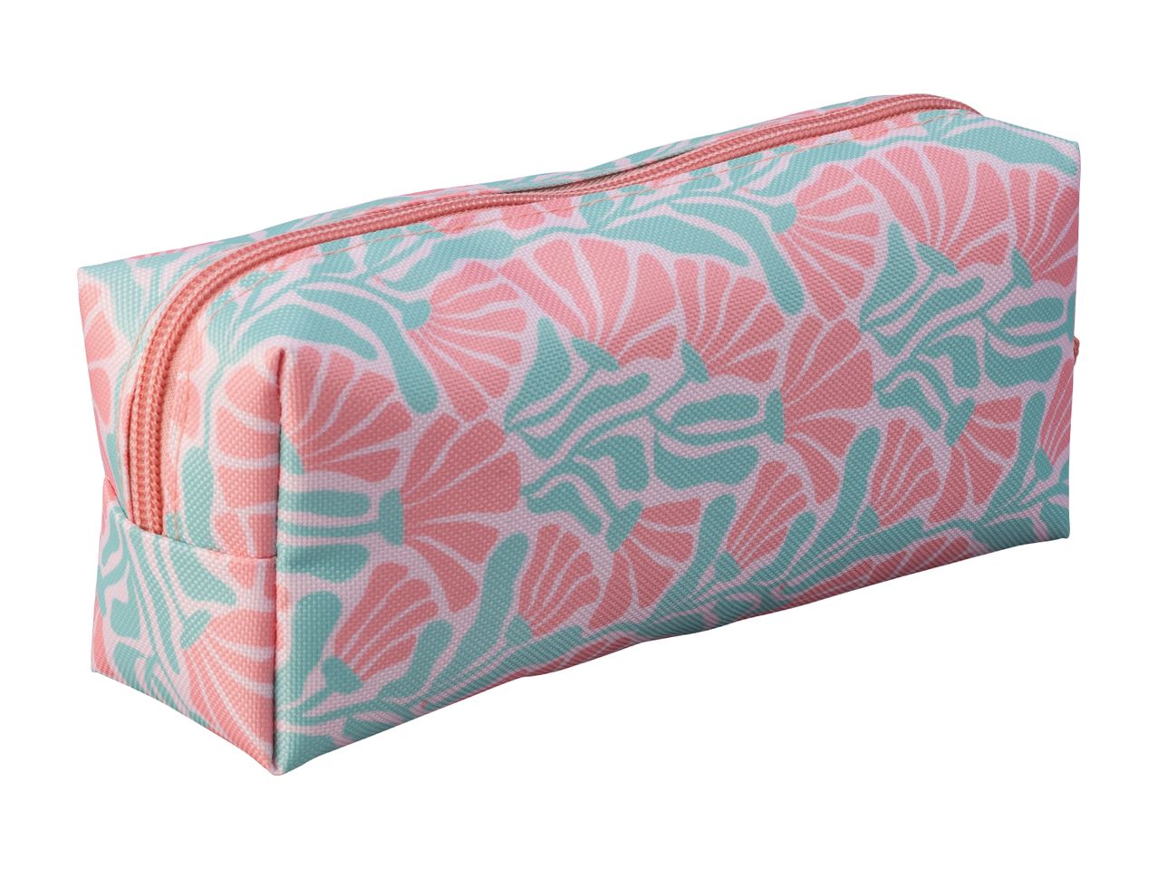 Pink and teal floral pencil case with a pink zipper.