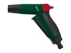 Green and black garden spray gun with a red control knob, angled on a white background.
