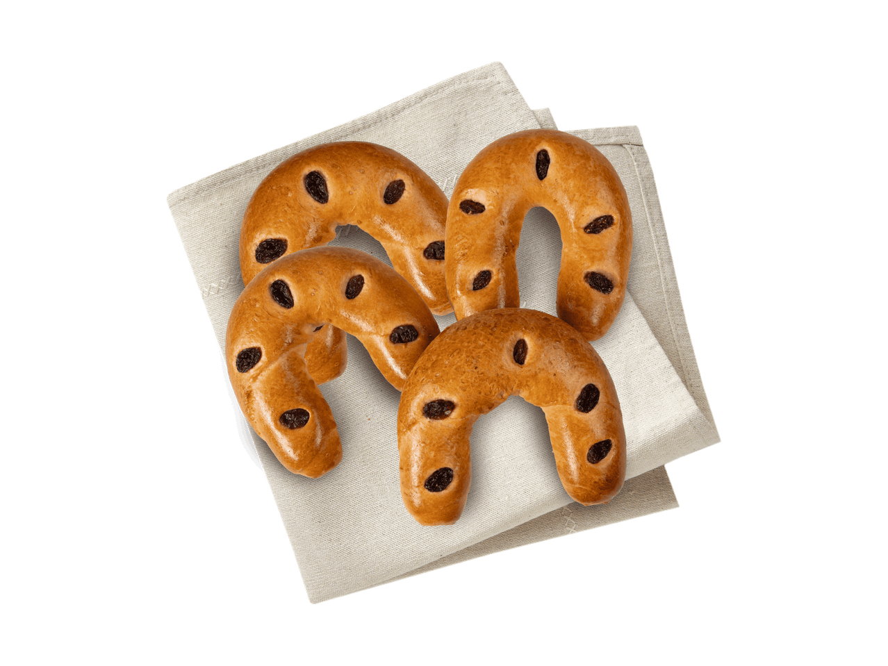 Vier goldbraune Rosinenbrötchen in Hufeisenform auf einem hellen Leinentuch.