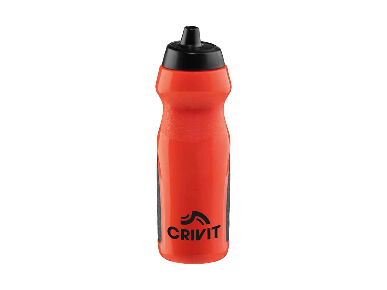 Red sports bottle with a black cap and textured grip