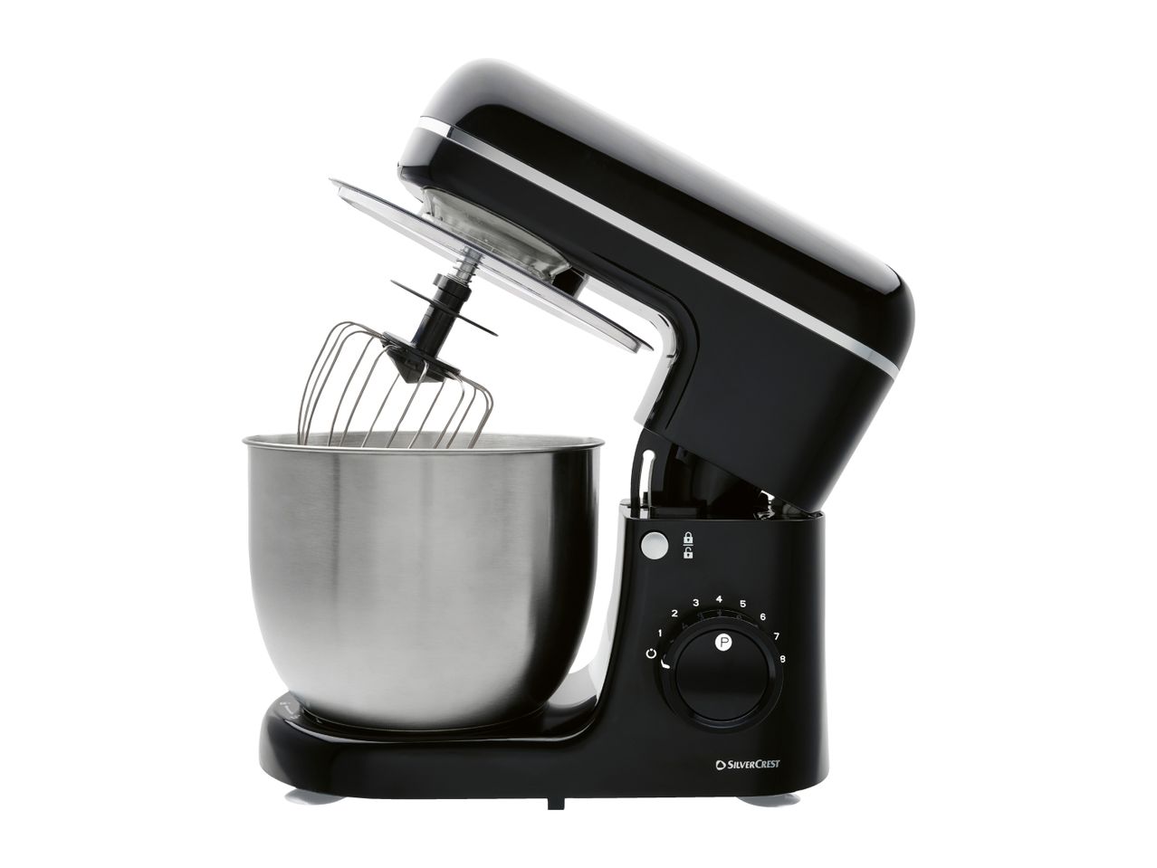 Black stand mixer with a stainless steel bowl and whisk attachment, tilted back.