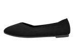 Black knitted ballet flat shoe with a rounded toe and flat sole.