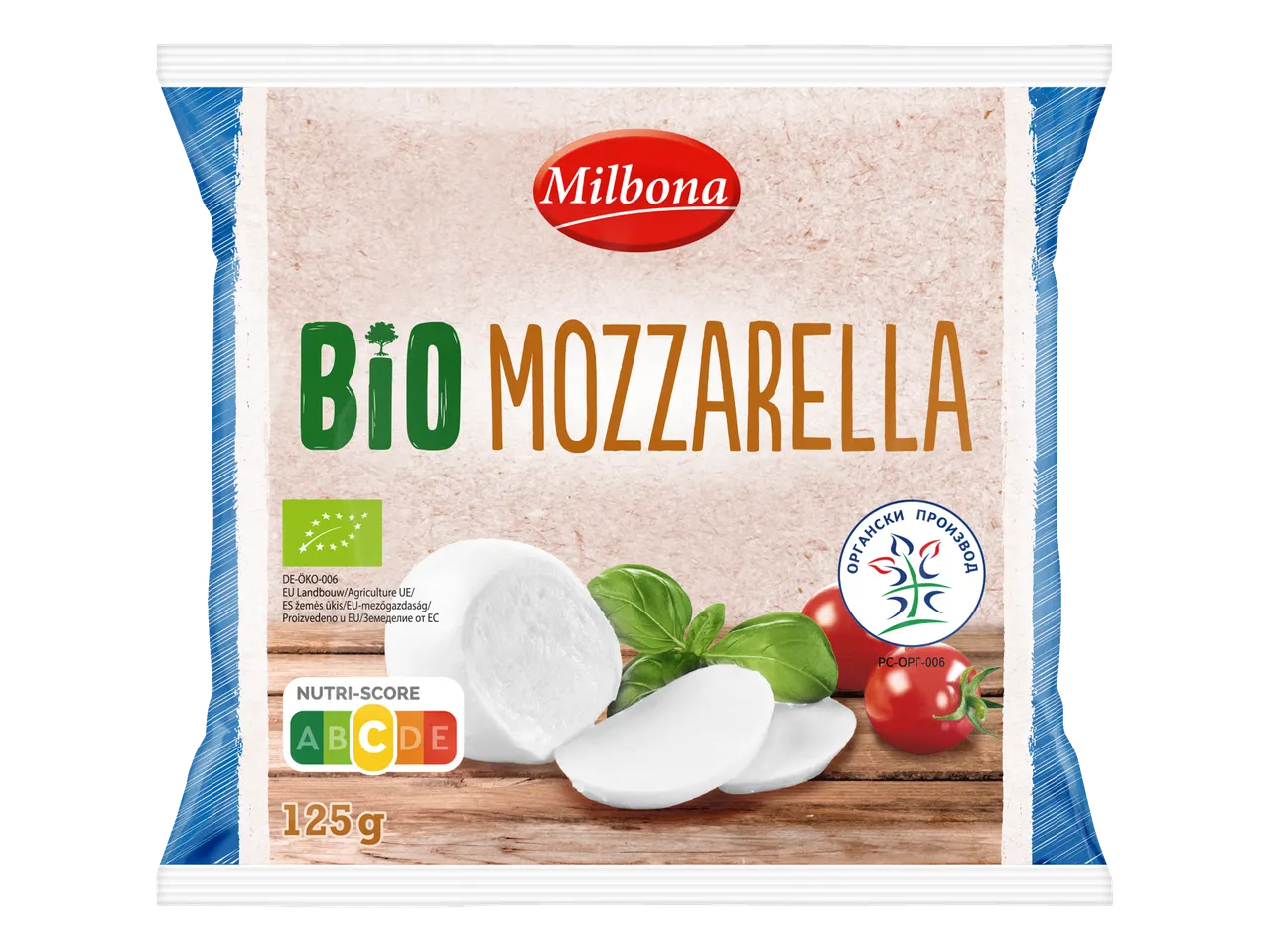 Milbona Bio Mozzarella verpakking met mozzarella, basilicum en tomaten.