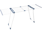 Foldable clothes drying rack with white bars and blue plastic joints.