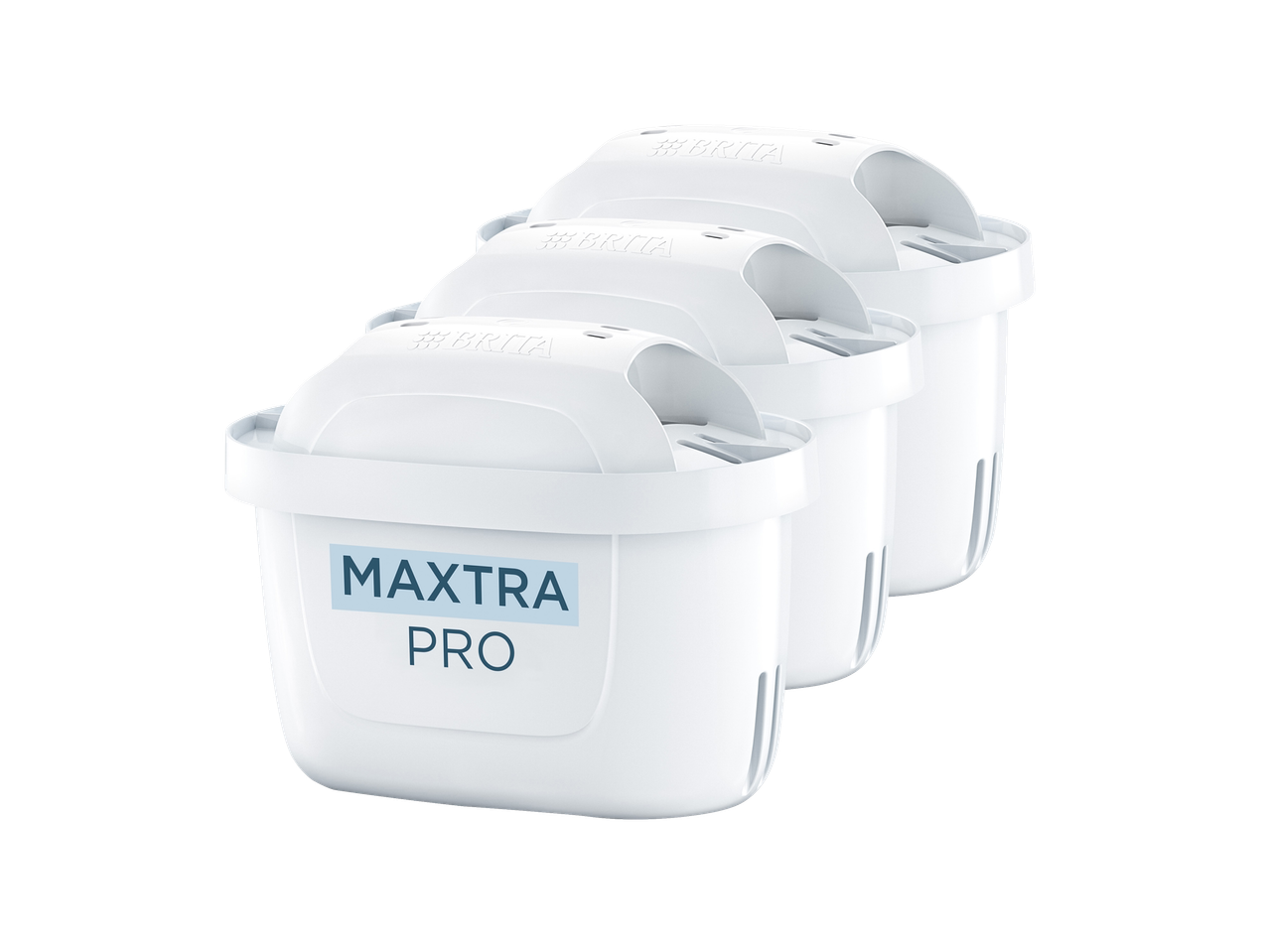 Three Brita Maxtra Pro water filter cartridges are stacked together.
